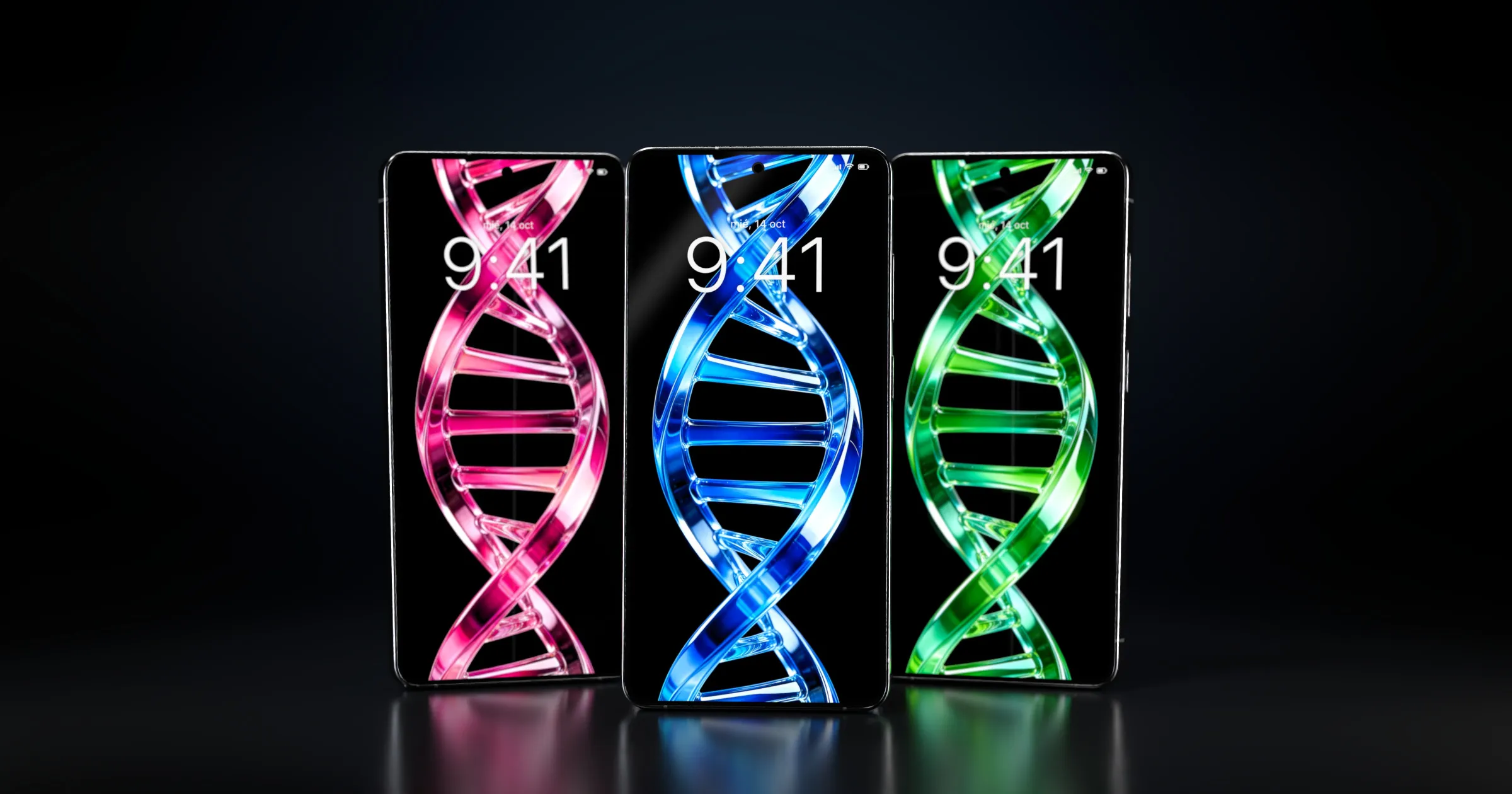 Tres móviles con wallpapers de la colección ADN