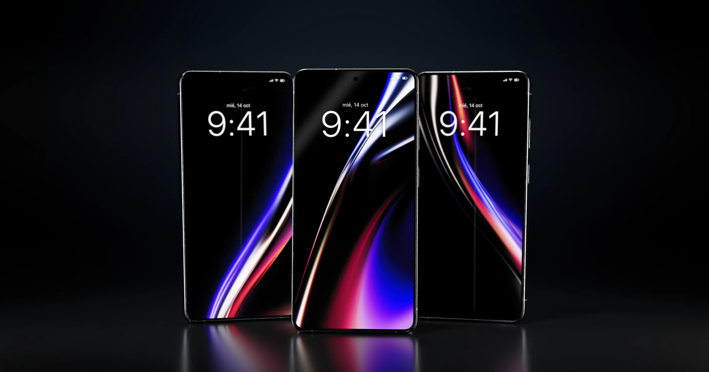 Tres móviles con wallpapers de la colección Chromiris