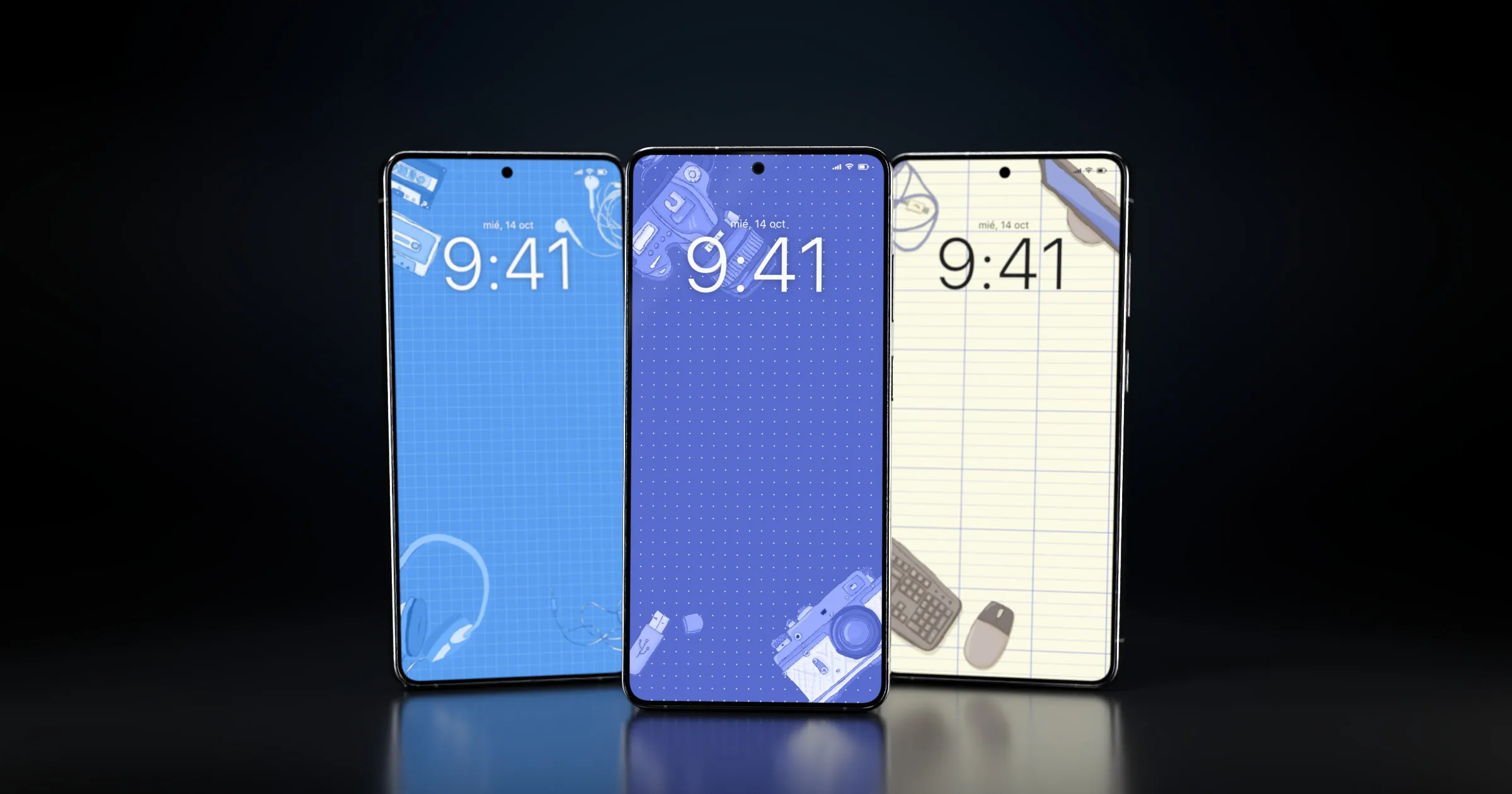 Tres móviles con wallpapers de la colección Symmetria